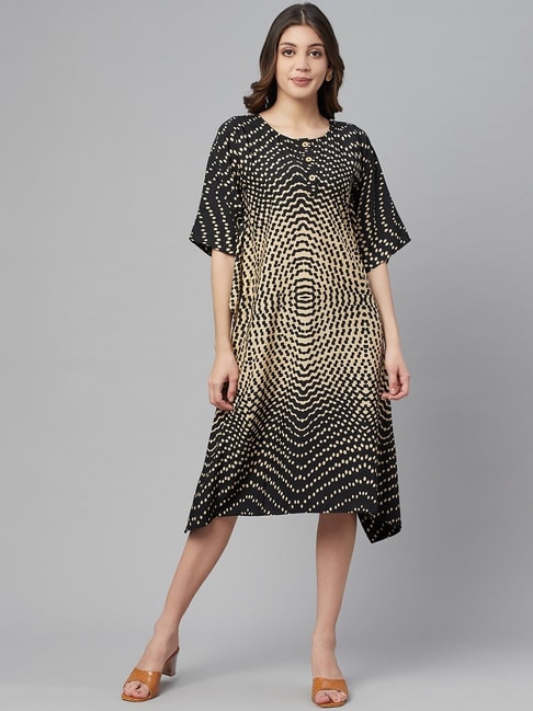 Cottinfab Black & Beige Printed A-Line Kaftan Dress Price in India