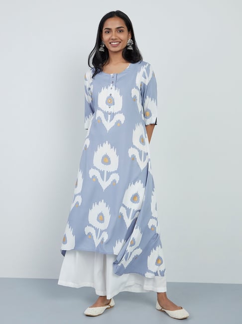 Utsa by Westside Dusty Blue Ikat Design High-Low Kurta Price in India