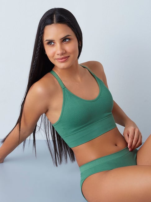Superstar Green Ribbed Padded Sports Bra Price in India