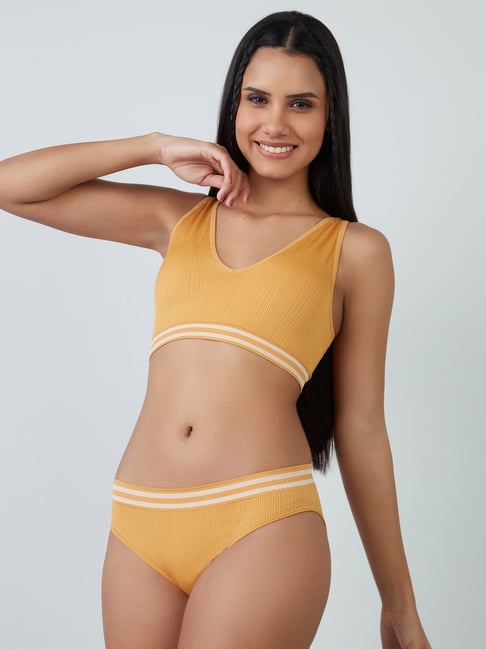 Superstar Mustard Ribbed Padded Plunge Sports Bra Price in India
