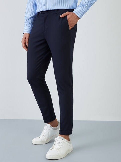 Buy WES Formals by Westside Navy Blue Striped Carrot Fit Trousers for  Online @ Tata CLiQ