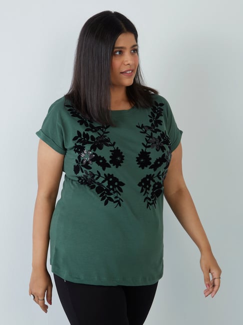 Gia Curves by Westside Green Sequin-Detail T-Shirt Price in India