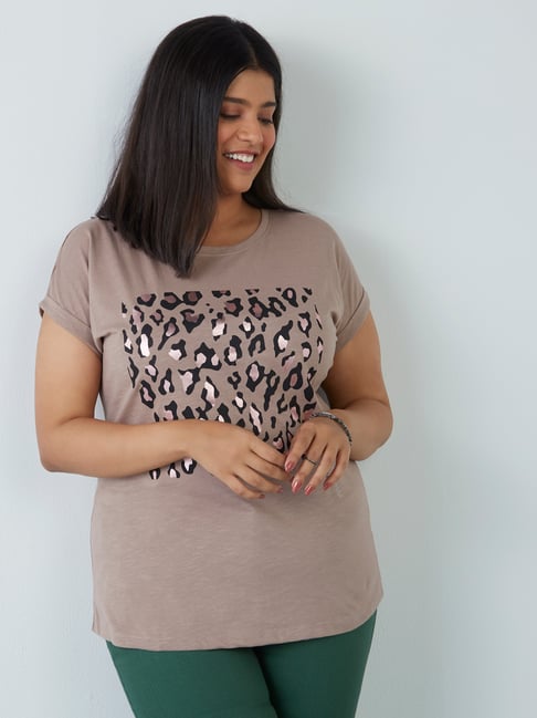 Gia Curves by Westside Taupe Printed T-Shirt Price in India