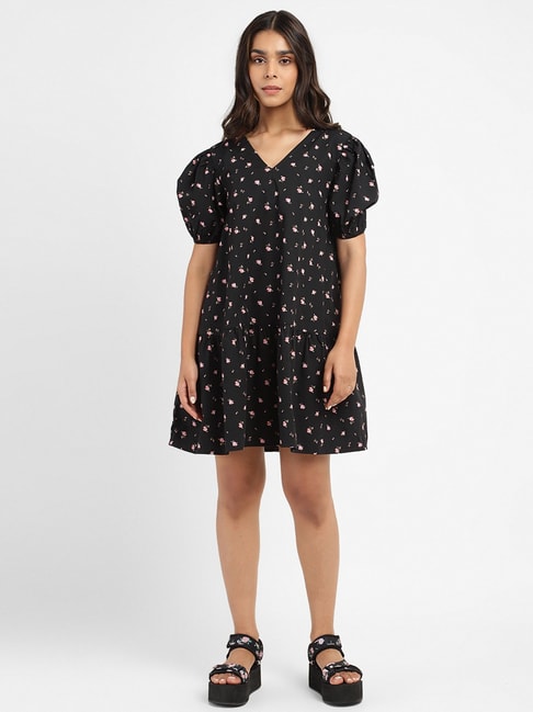 Levi's Black Cotton Floral Print A-Line dress Price in India