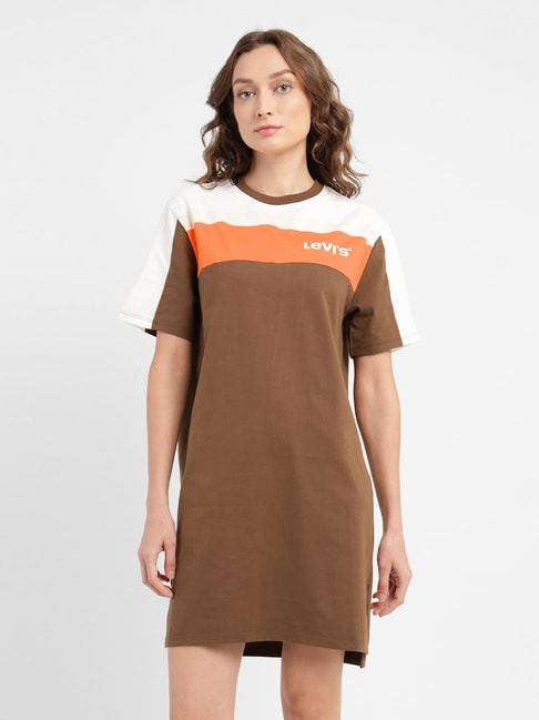 Levi's Brown Pure Cotton Color-Block Shirt dress Price in India