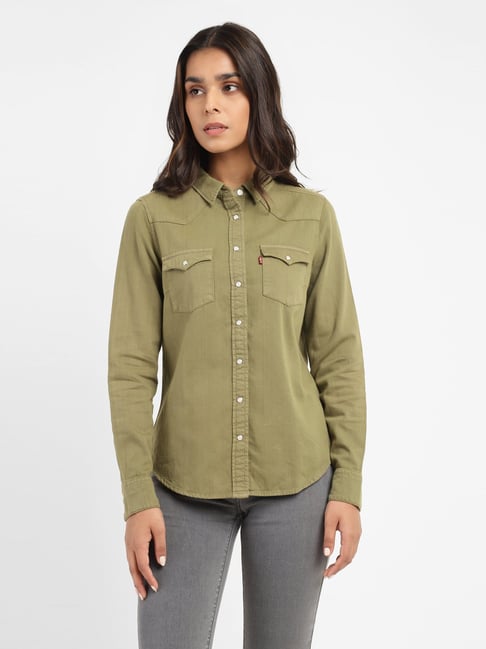 Levi's Olive Green Pure Cotton Full Sleeves Shirt Price in India
