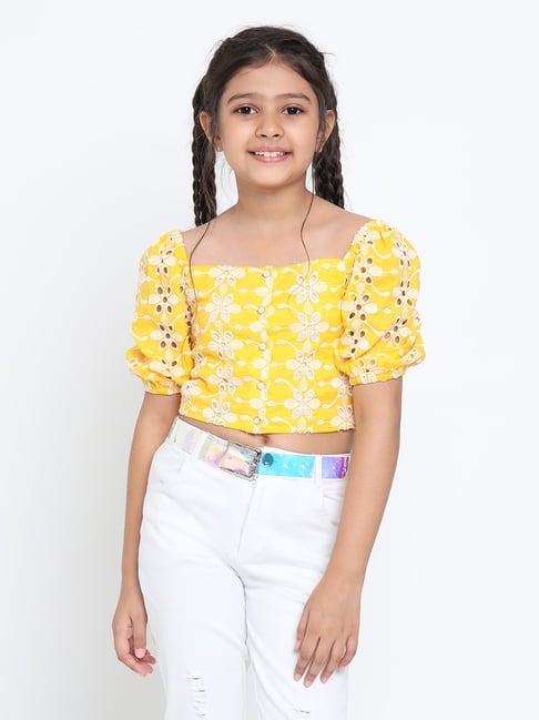 Buy Natilene Kids Yellow White Cotton Cut Work Top for Girls