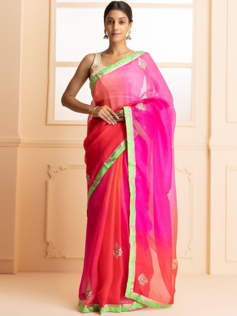 Geroo Jaipur Pink Embroidered Saree With Unstitched Blouse Price in India