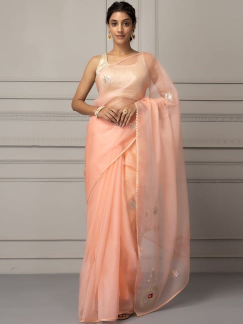 Geroo Jaipur Peach Embroidered Saree With Unstitched Blouse Price in India