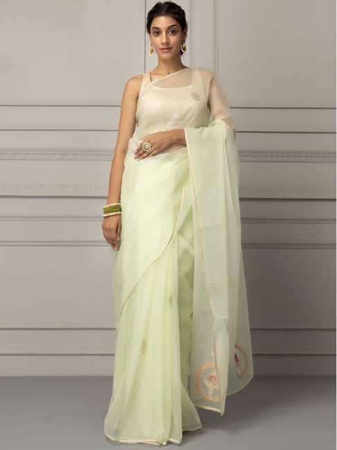 Geroo Jaipur Pista Green Embroidered Saree With Unstitched Blouse Price in India