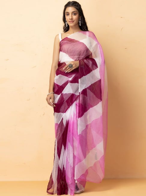 Geroo Jaipur Pink Striped Saree With Unstitched Blouse Price in India