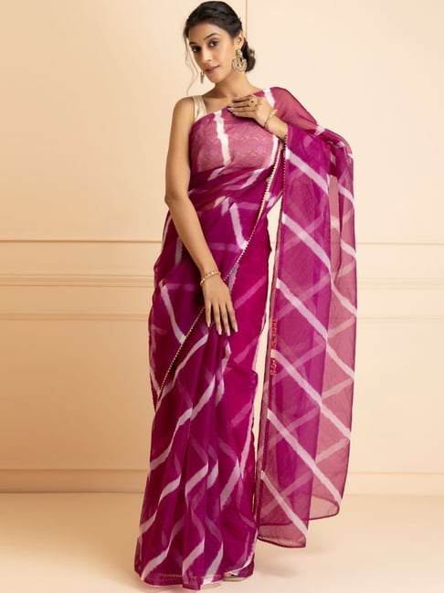 Geroo Jaipur Purple Striped Saree With Unstitched Blouse Price in India