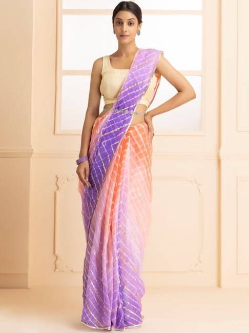 Geroo Jaipur Orange & Purple Zari Work Saree With Unstitched Blouse Price in India