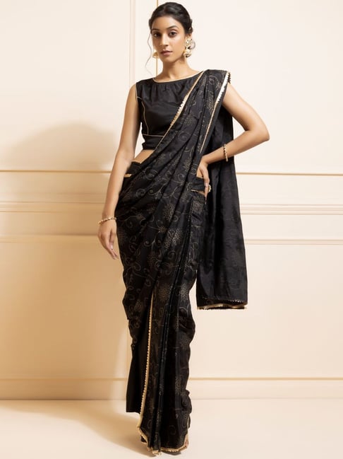 Buy Black Satin Silk Wedding Wear Embroidery Work Ready To Wear Saree  Online From Wholesale Salwar.