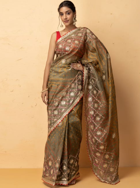 Geroo Jaipur Moss Green Zari Work Saree With Unstitched Blouse Price in India