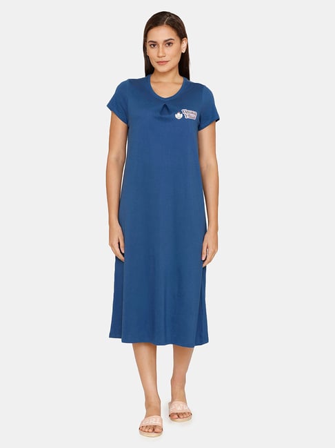 Zivame Maternity Knit Cotton Knee Length Nightdress - Medieval Blue