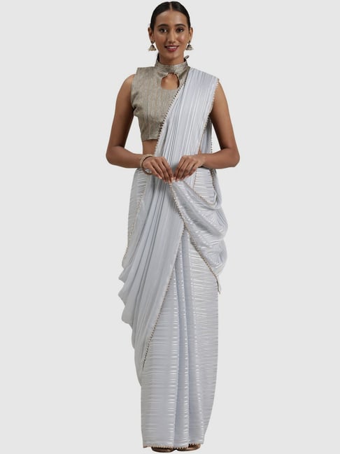 Saree Mall Grey Striped Saree With Unstitched Blouse Price in India