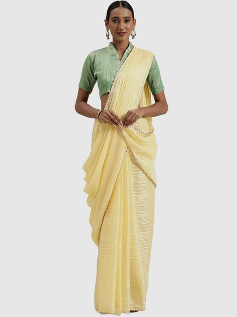 Saree Mall Yellow Striped Saree With Unstitched Blouse Price in India