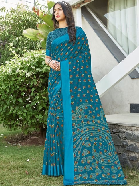 Saree Mall Teal Blue Cotton Silk Floral Print Saree With Unstitched Blouse Price in India