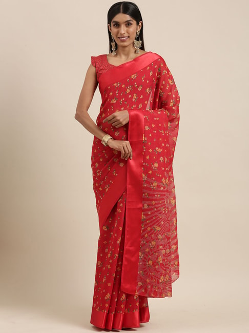 Saree Mall Red Cotton Silk Floral Print Saree With Unstitched Blouse Price in India