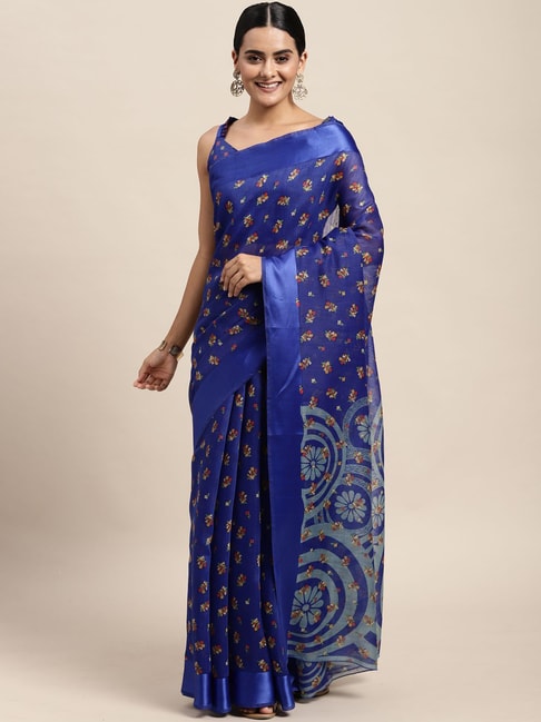 Saree Mall Blue Cotton Silk Floral Print Saree With Unstitched Blouse Price in India