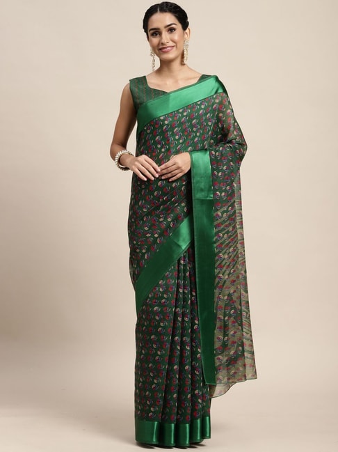 Saree Mall Green Cotton Silk Floral Print Saree With Unstitched Blouse Price in India