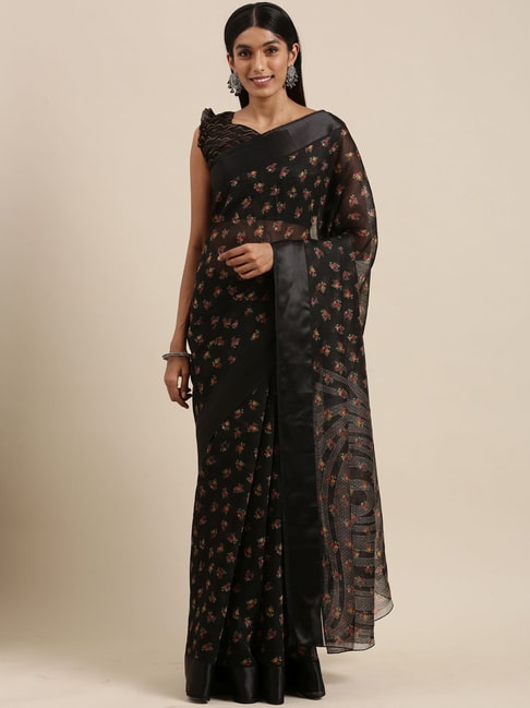 Saree Mall Black Cotton Silk Floral Print Saree With Unstitched Blouse Price in India