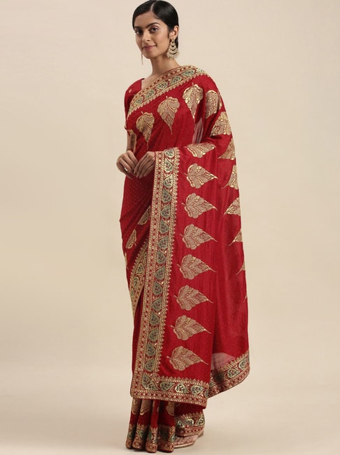 Saree Mall Red Embroidered Saree With Unstitched Blouse Price in India