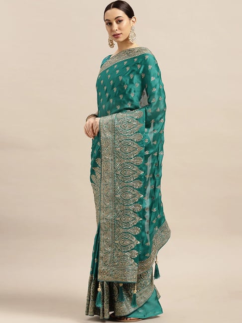 Saree Mall Teal Green Embroidered Saree With Unstitched Blouse Price in India