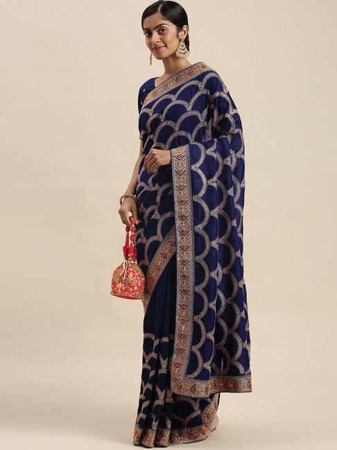 Saree Mall Navy Embroidered Saree With Unstitched Blouse Price in India