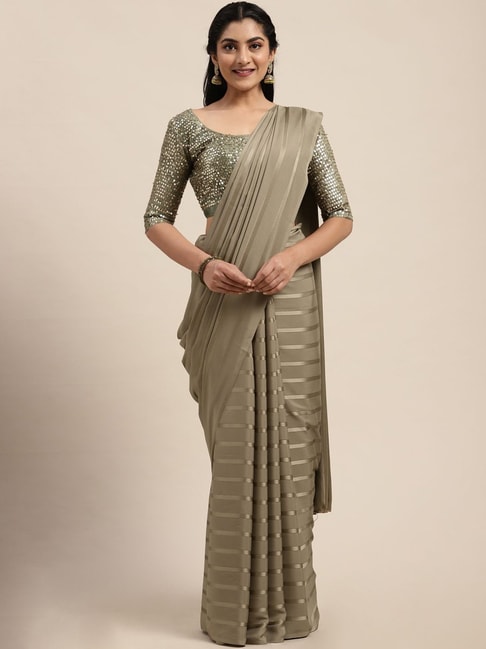 Saree Mall Olive Green Striped Saree With Unstitched Blouse Price in India