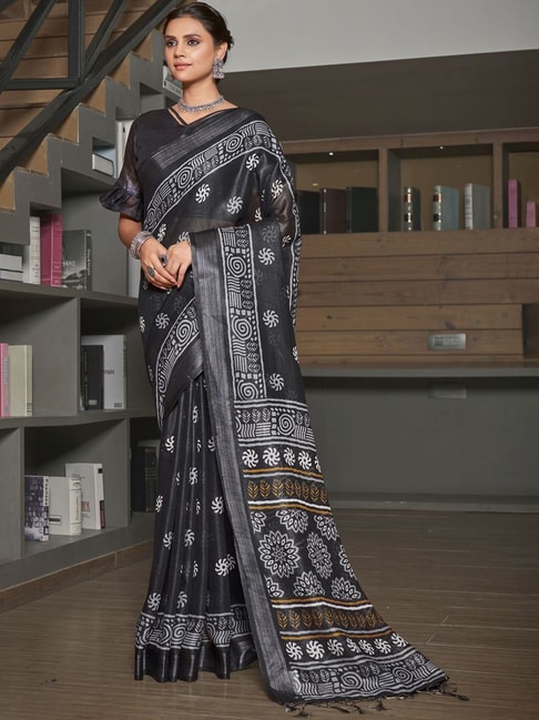 Saree Mall Black Linen Printed Saree With Unstitched Blouse Price in India