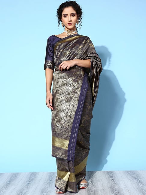 Saree Mall Navy Woven Saree With Unstitched Blouse Price in India