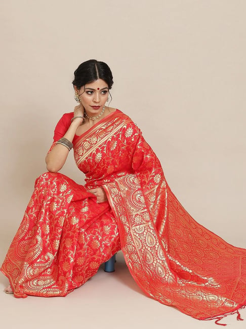 Saree Mall Red Woven Saree With Unstitched Blouse Price in India