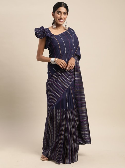 Saree Mall Navy Striped Saree With Unstitched Blouse Price in India