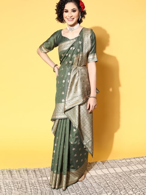 Banarasi Banarasi Silk Green Jacquard Saree With Blouse