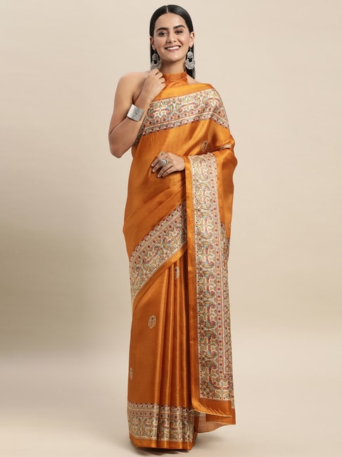 Saree Mall Mustard Silk Printed Saree With Unstitched Blouse Price in India