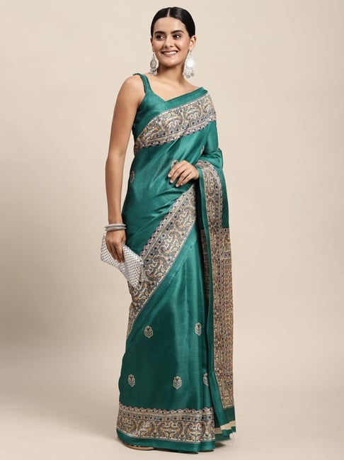 Saree Mall Green Silk Printed Saree With Unstitched Blouse Price in India