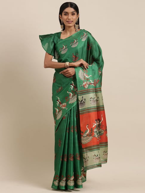 Saree Mall Green Printed Saree With Unstitched Blouse Price in India