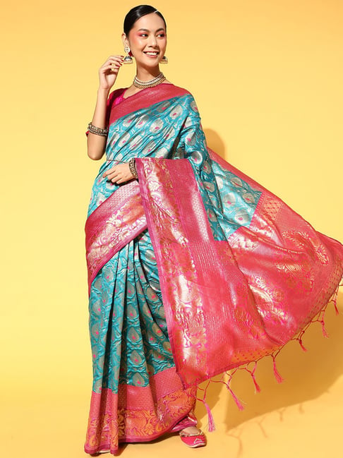 Saree Mall Blue Woven Saree With Unstitched Blouse Price in India