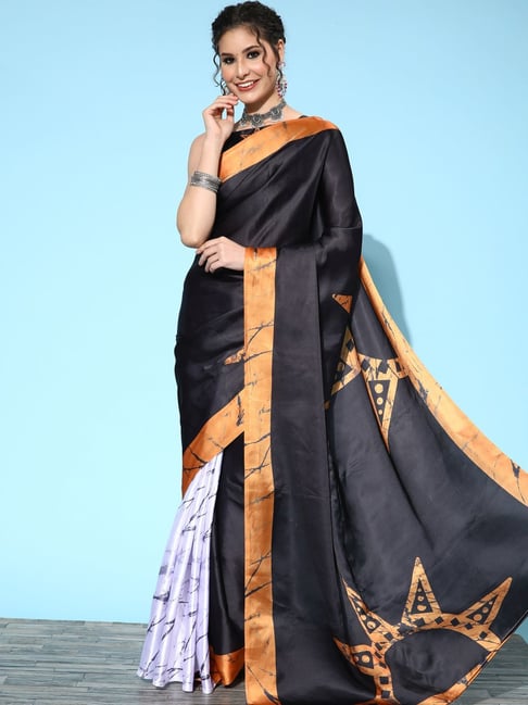 Saree Mall Black & Whitw Printed Saree With Unstitched Blouse Price in India