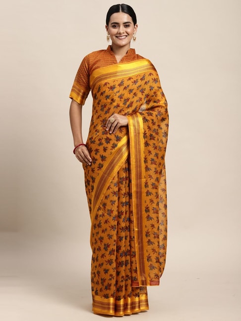 Saree Mall Mustard Cotton Silk Floral Print Saree With Unstitched Blouse Price in India