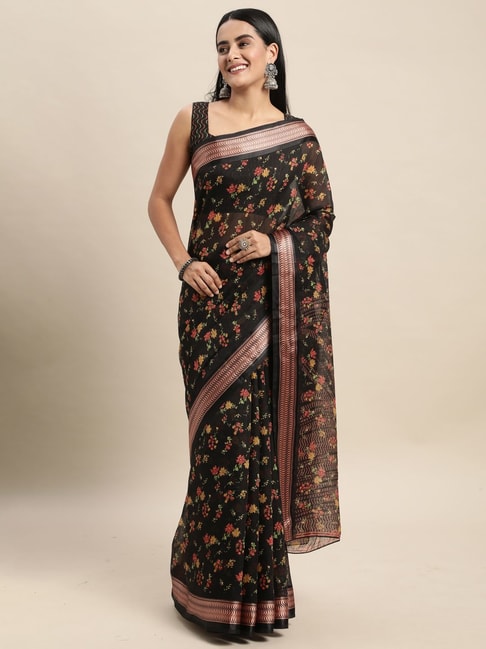Saree Mall Black Cotton Silk Floral Print Saree With Unstitched Blouse Price in India