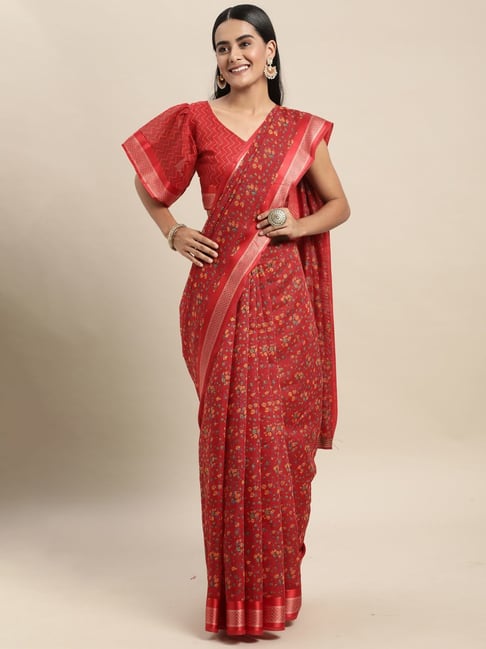 Saree Mall Maroon Cotton Silk Floral Print Saree With Unstitched Blouse Price in India