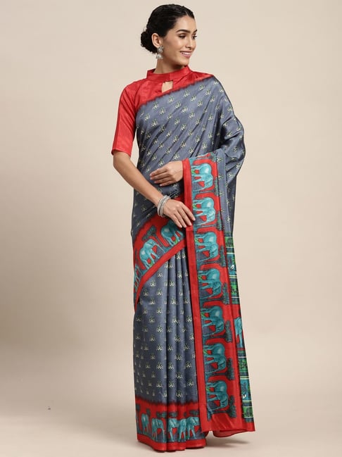 Saree Mall Grey Printed Saree With Unstitched Blouse Price in India