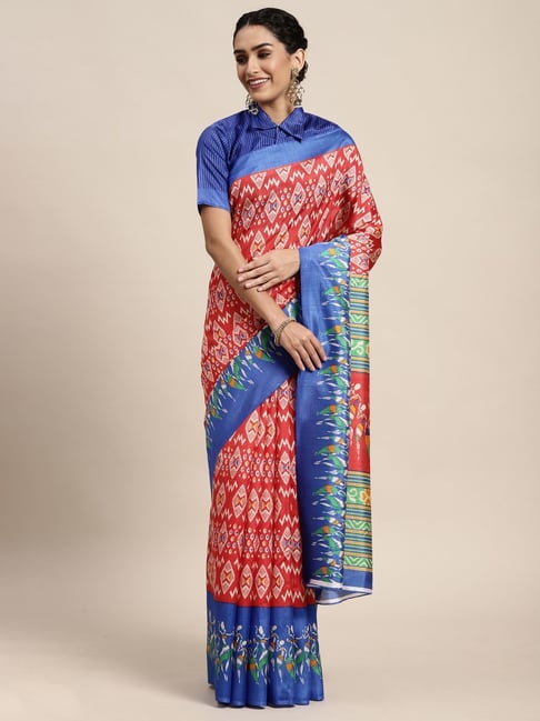 Saree Mall Red & Blue Printed Saree With Unstitched Blouse Price in India