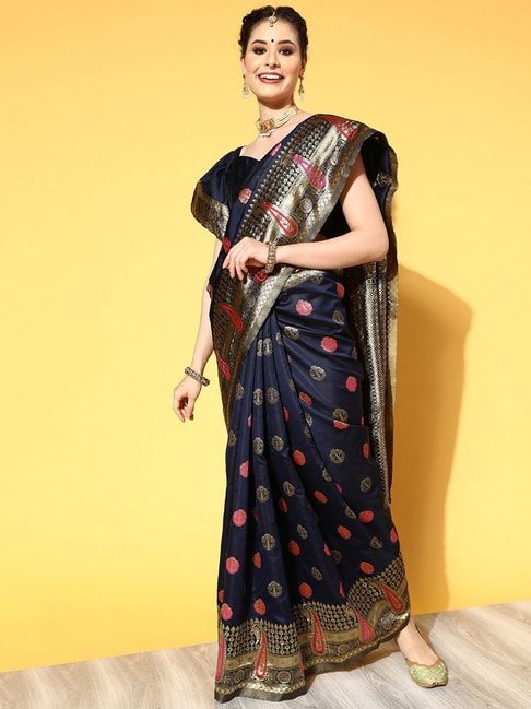 Saree Mall Navy Woven Saree With Unstitched Blouse Price in India