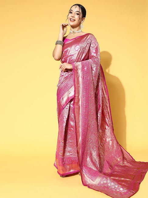 Saree Mall Pink Woven Saree With Unstitched Blouse Price in India