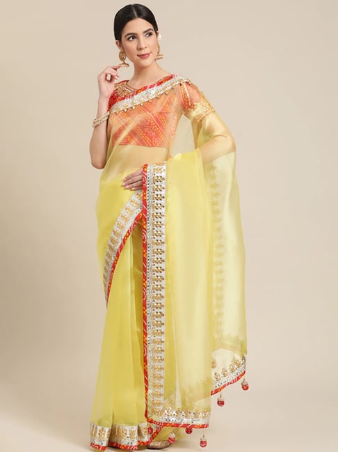 Saree Mall Yellow Embellished Saree With Unstitched Blouse Price in India