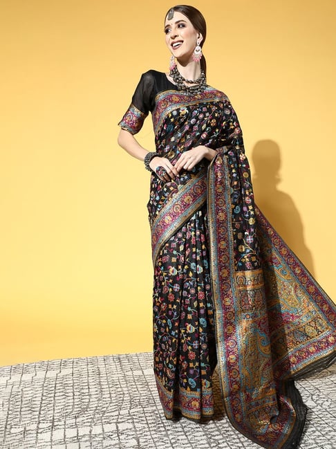 Vishal Prints Black Floral Printed Crepe Saree With Jari Border